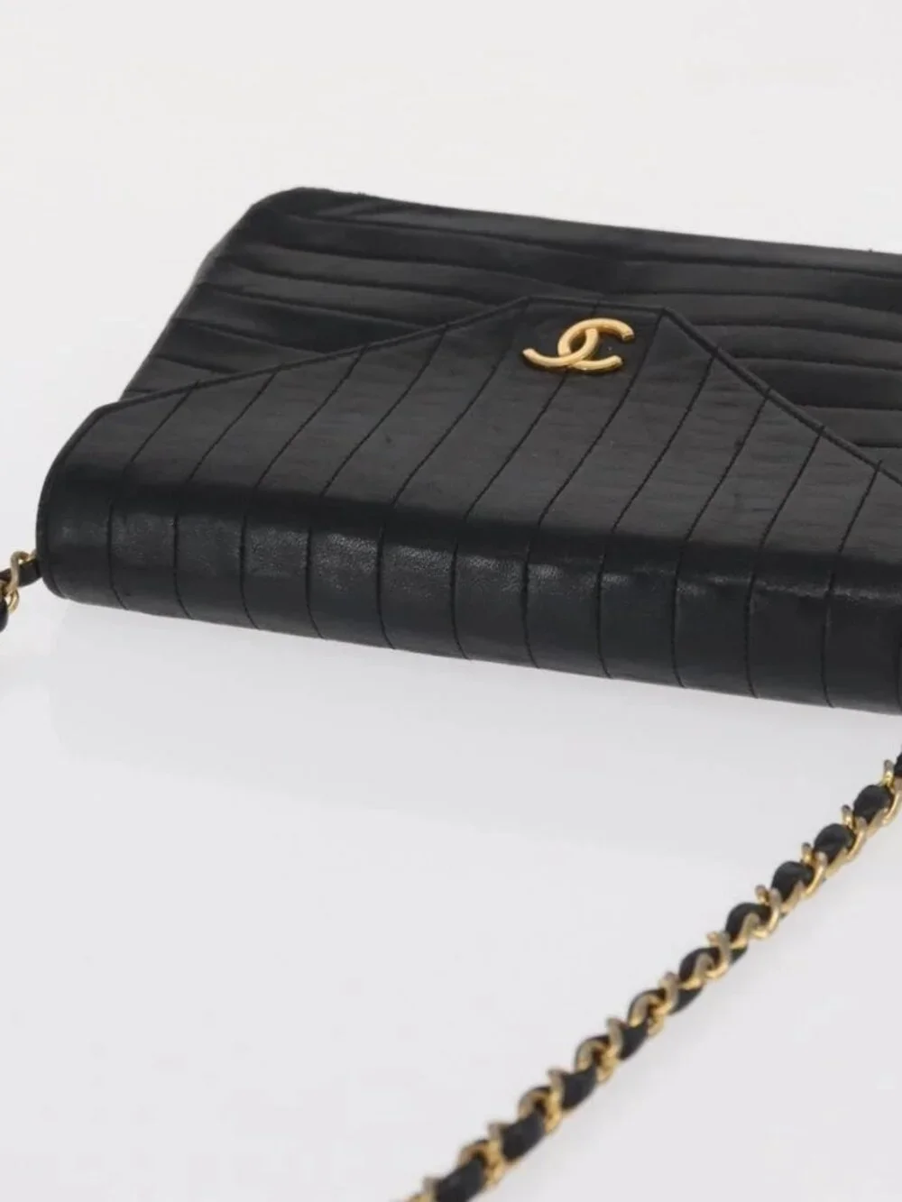 CHANEL Mademoiselle Chain Shoulder Bag Lamb Skin Black Gold CC Auth bs21196